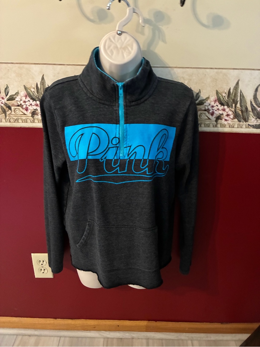 Victoria's Secret PINK Charcoal Gray Pullover with Bright Blue Logo Panel